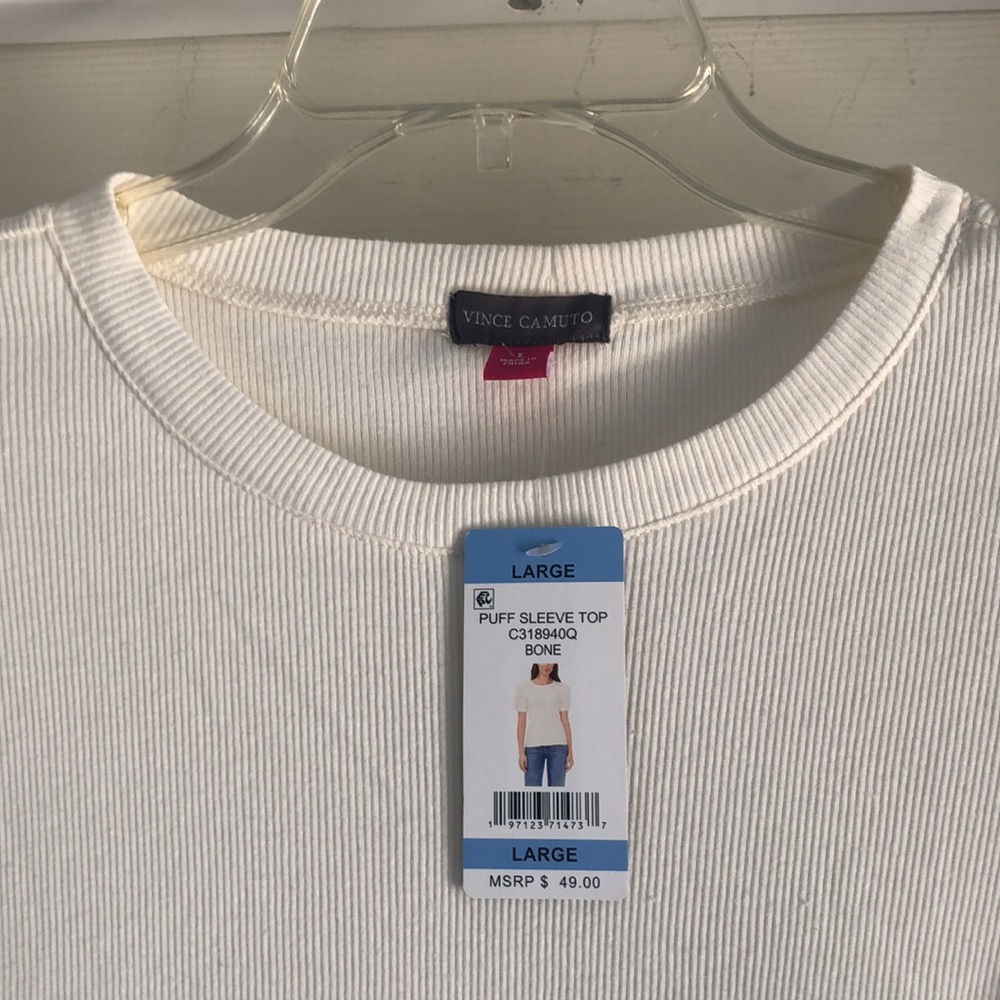 NWT Vince Camuto Puff Sleeve Top Bone Short Sleeve New Ribbed Size Large L New - Picture 3 of 8